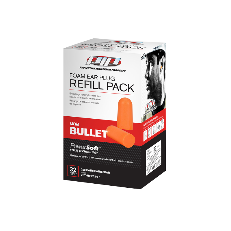 267-HPF210-1 Mega Bullet. Disposable Soft Polyurethane Foam Ear Plugs - Dispenser Refill Pack . One Size