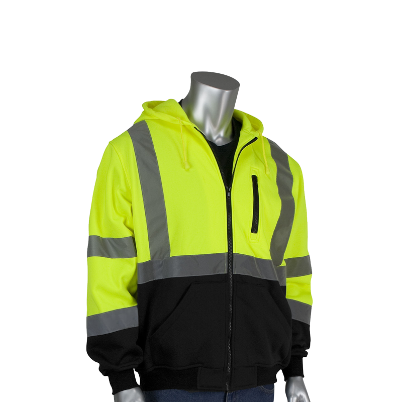 323-1370B-LY-L PIP® ANSI Type R Class 3 Full Zip Hooded Sweatshirt with Black Bottom  323-1370B. Hi-Vis Yellow.  Large. 1E