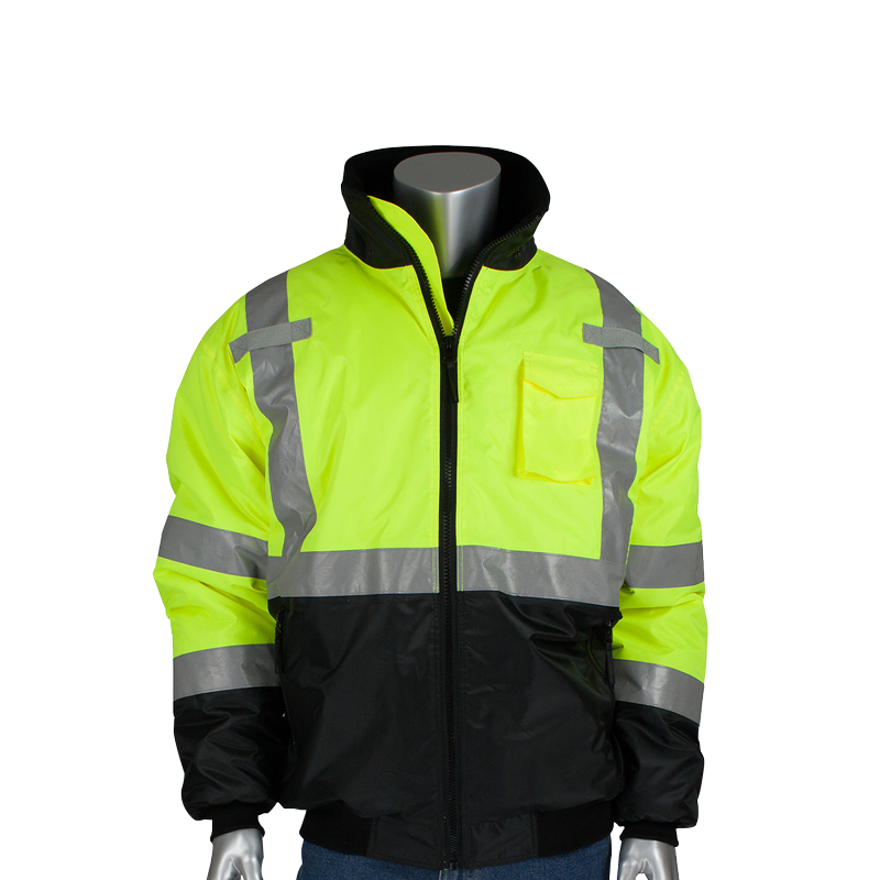 333-1740-LY PIP. ANSI Type R Class 3 Value Black Bottom Bomber Jacket. Hi-Vis Yellow
