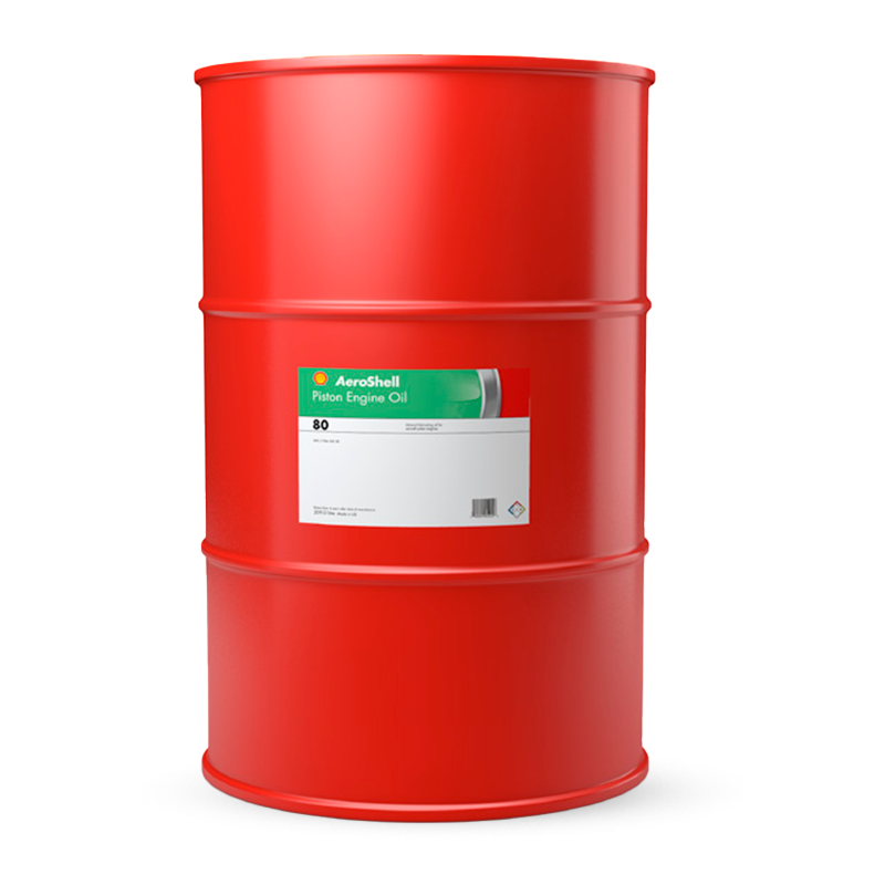 AeroShell 80 aviation piston engine oil quart bottle and 55-gallon drum