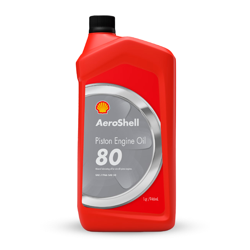 AeroShell 80 aviation piston engine oil quart bottle and 55-gallon drum
